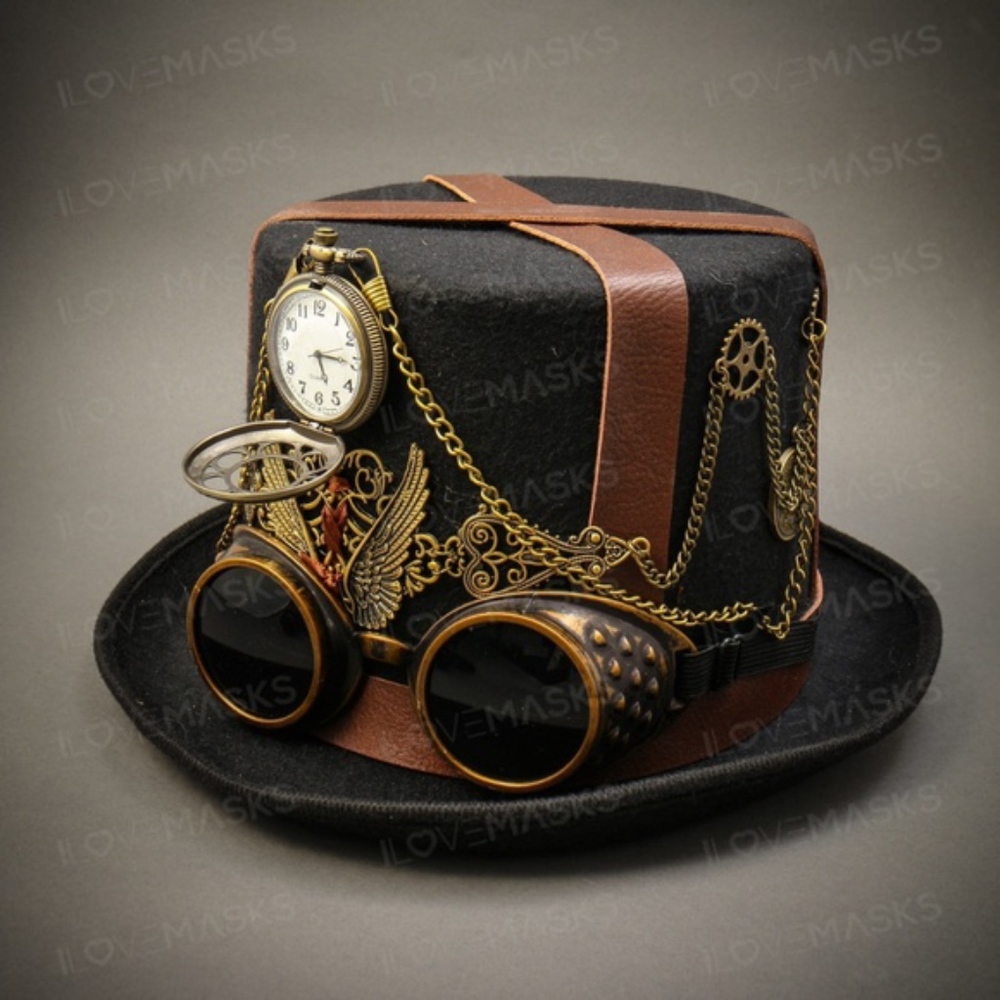 Steampunk Burning Man Top Hat with Goggles & Watch